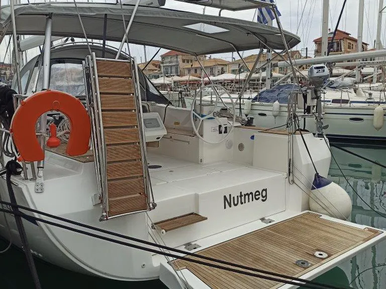 Exterior view of Nutmeg, a Bavaria C45 sailboat at Lefkada, Greece