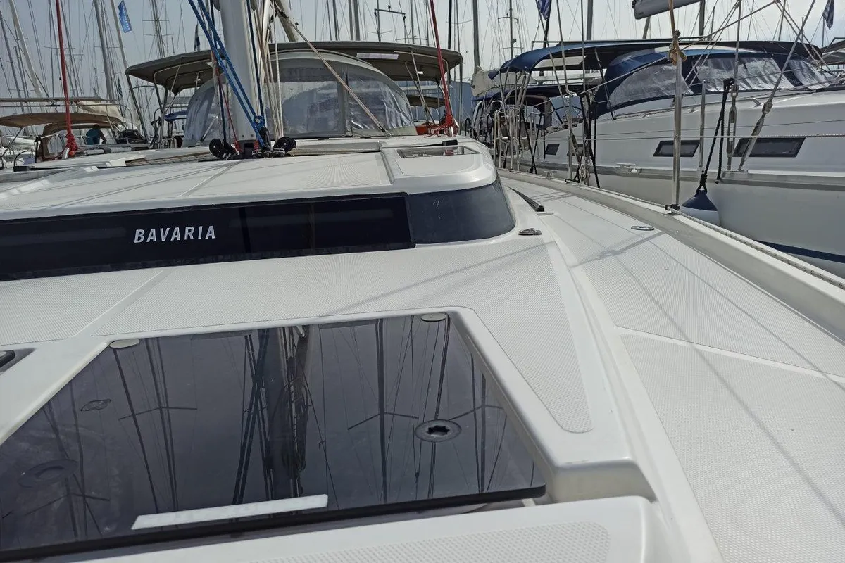 Deck of Nutmeg, a Bavaria C45 sailboat at Lefkada, Greece
