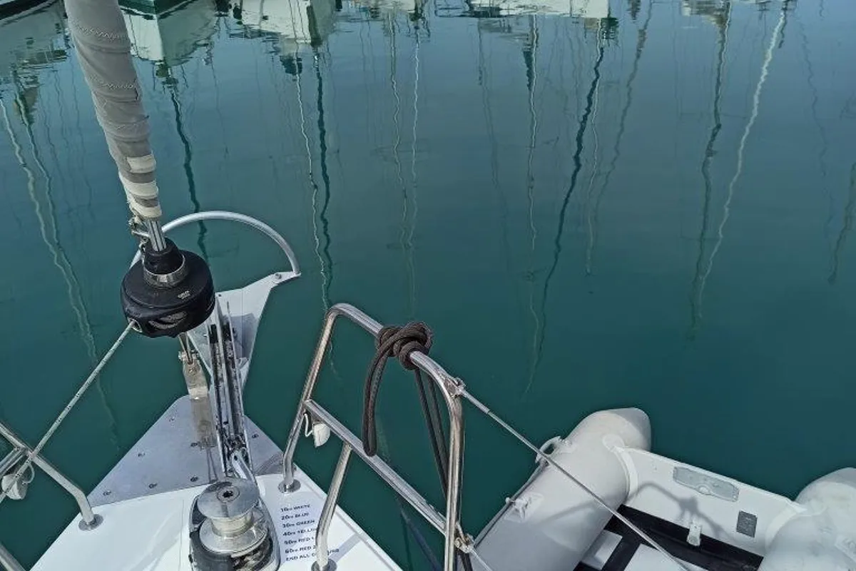 Deck of Nutmeg, a Bavaria C45 sailboat at Lefkada, Greece