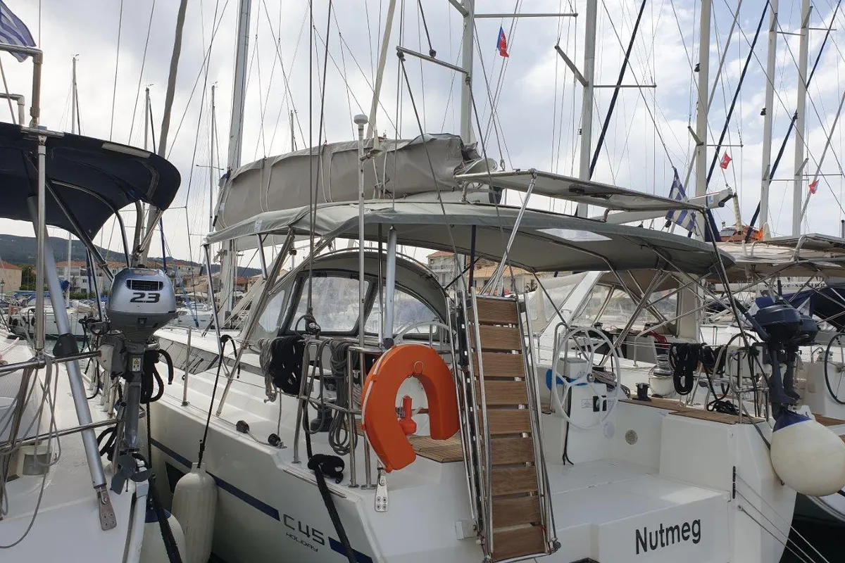 Exterior view of Nutmeg, a Bavaria C45 sailboat at Lefkada, Greece