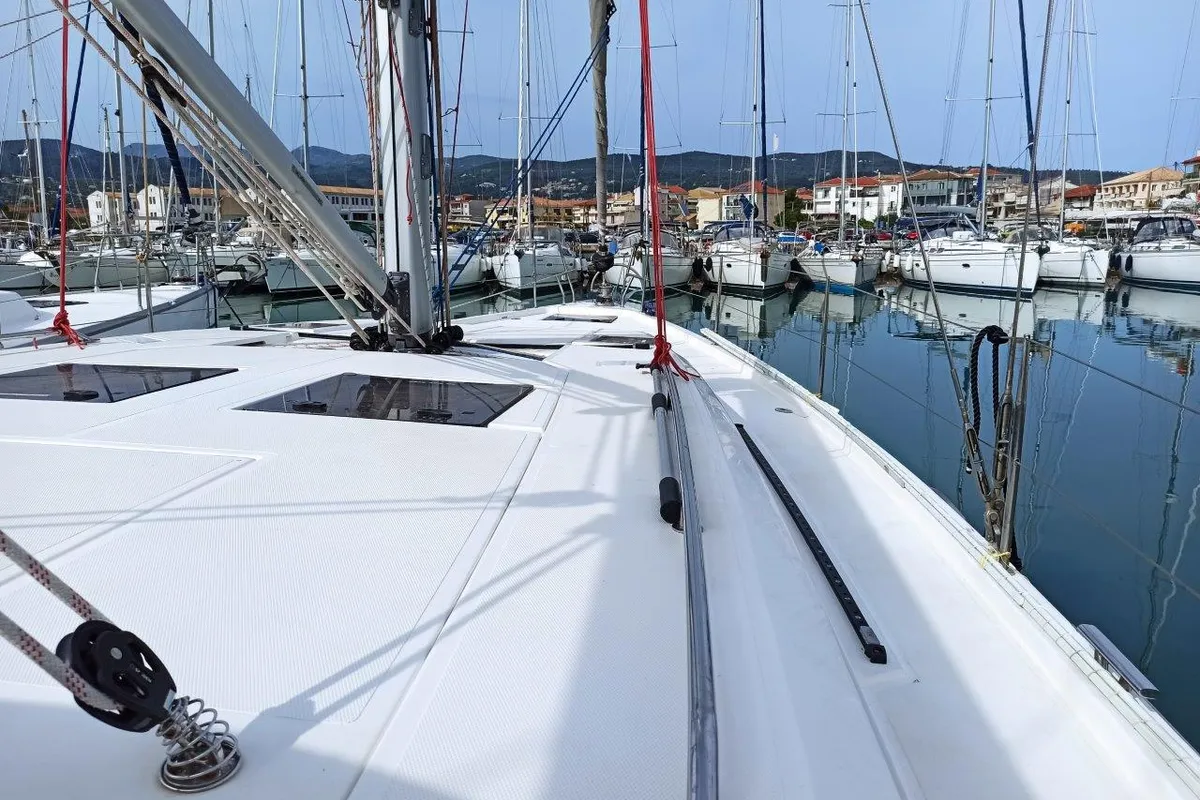Deck of Nutmeg, a Bavaria C45 sailboat at Lefkada, Greece