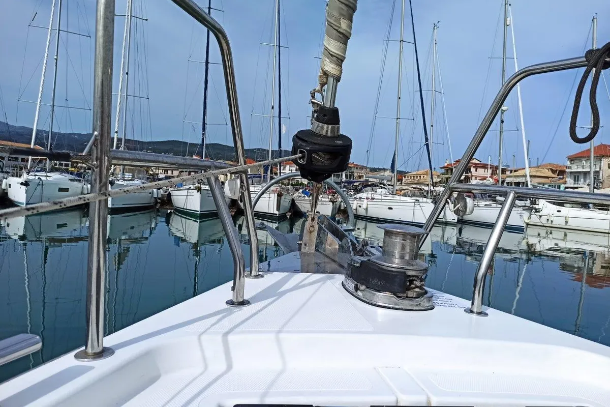 Deck of Nutmeg, a Bavaria C45 sailboat at Lefkada, Greece