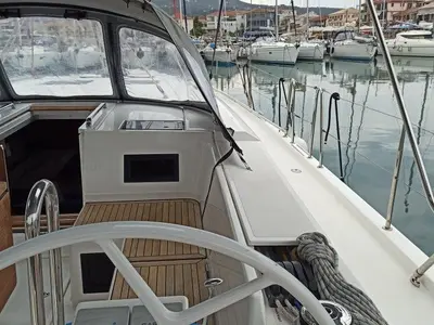 Cockpit of Nutmeg, a Bavaria C45 sailboat at Lefkada, Greece