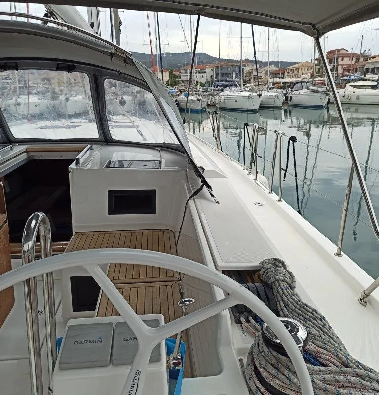 Cockpit of Nutmeg, a Bavaria C45 sailboat at Lefkada, Greece