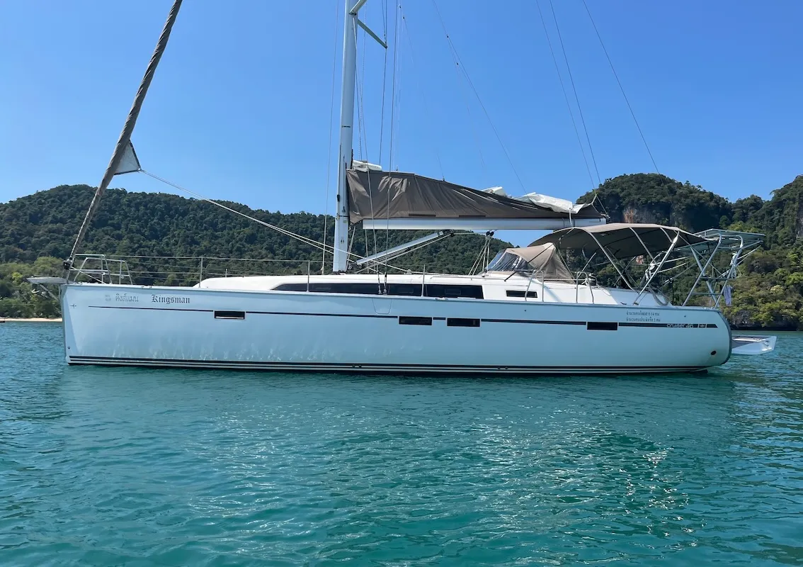 Exterior view of Kingsman, a Bavaria Cruiser 46 sailboat at Mai Khao, Thailand