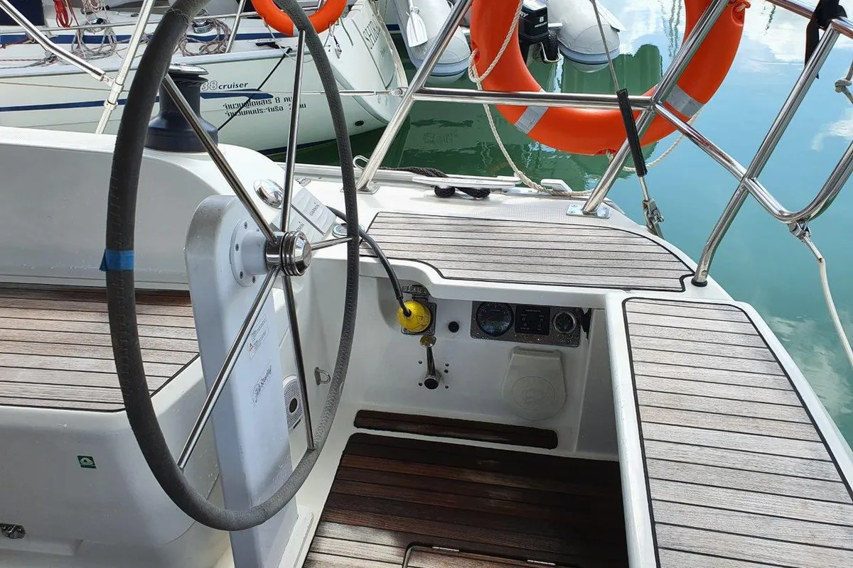Cockpit of Kingsman, a Bavaria Cruiser 46 sailboat at Mai Khao, Thailand