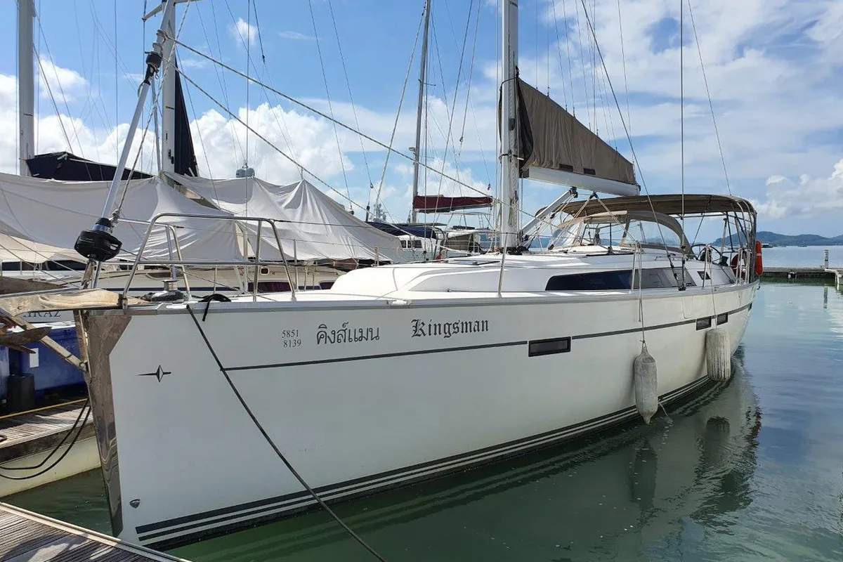 Exterior view of Kingsman, a Bavaria Cruiser 46 sailboat at Mai Khao, Thailand