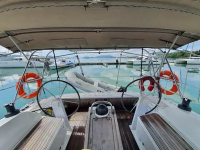 Cockpit of Kingsman, a Bavaria Cruiser 46 sailboat at Mai Khao, Thailand