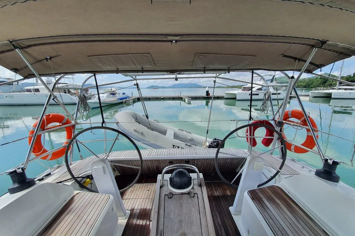 Cockpit of Kingsman, a Bavaria Cruiser 46 sailboat at Mai Khao, Thailand