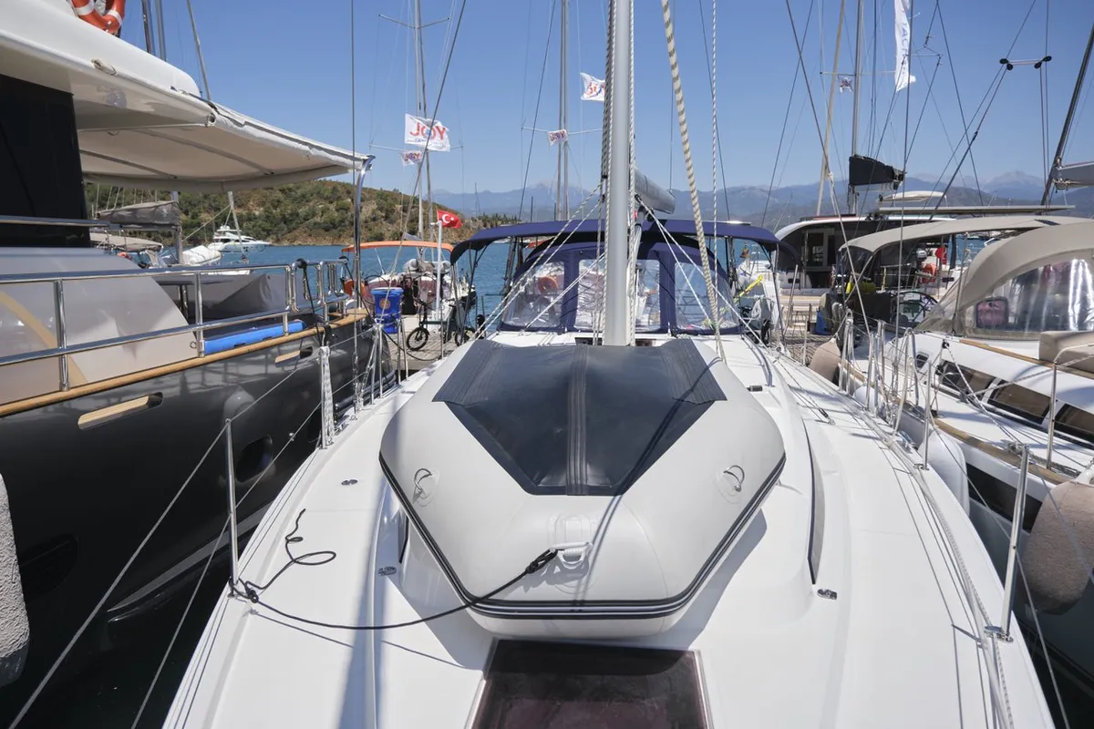 Deck of Selene, a Bavaria C42 sailboat at Fethiye, Turkey
