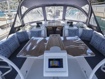 Deck of Selene, a Bavaria C42 sailboat at Fethiye, Turkey