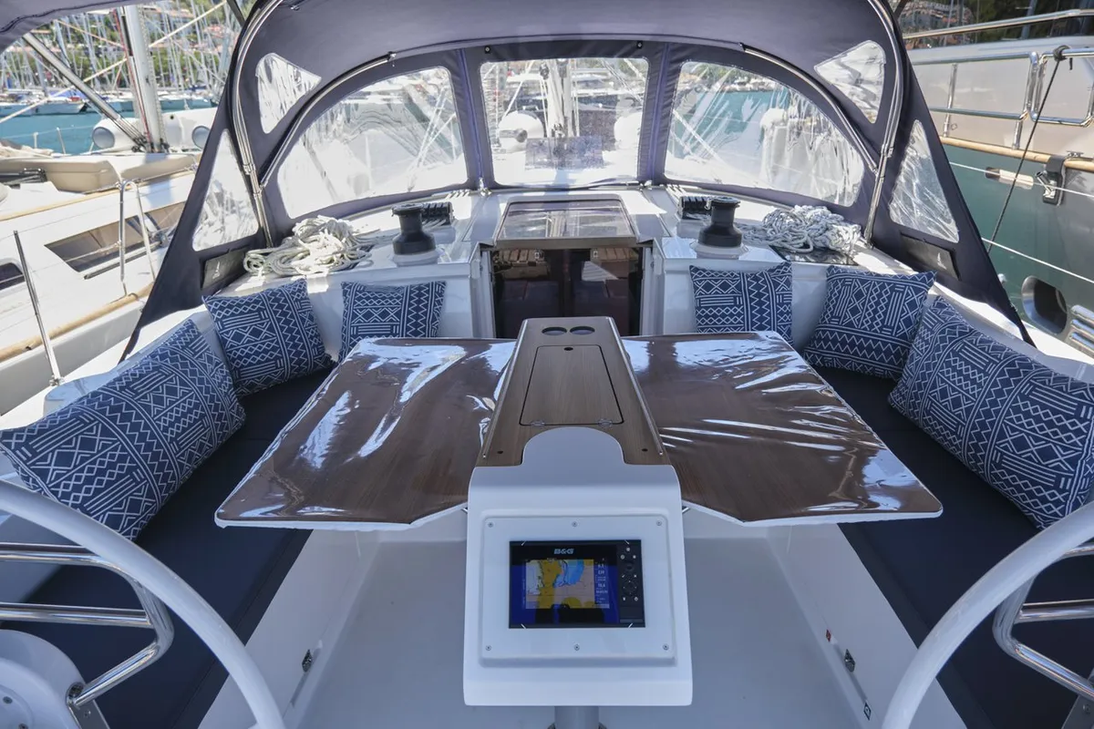Deck of Selene, a Bavaria C42 sailboat at Fethiye, Turkey