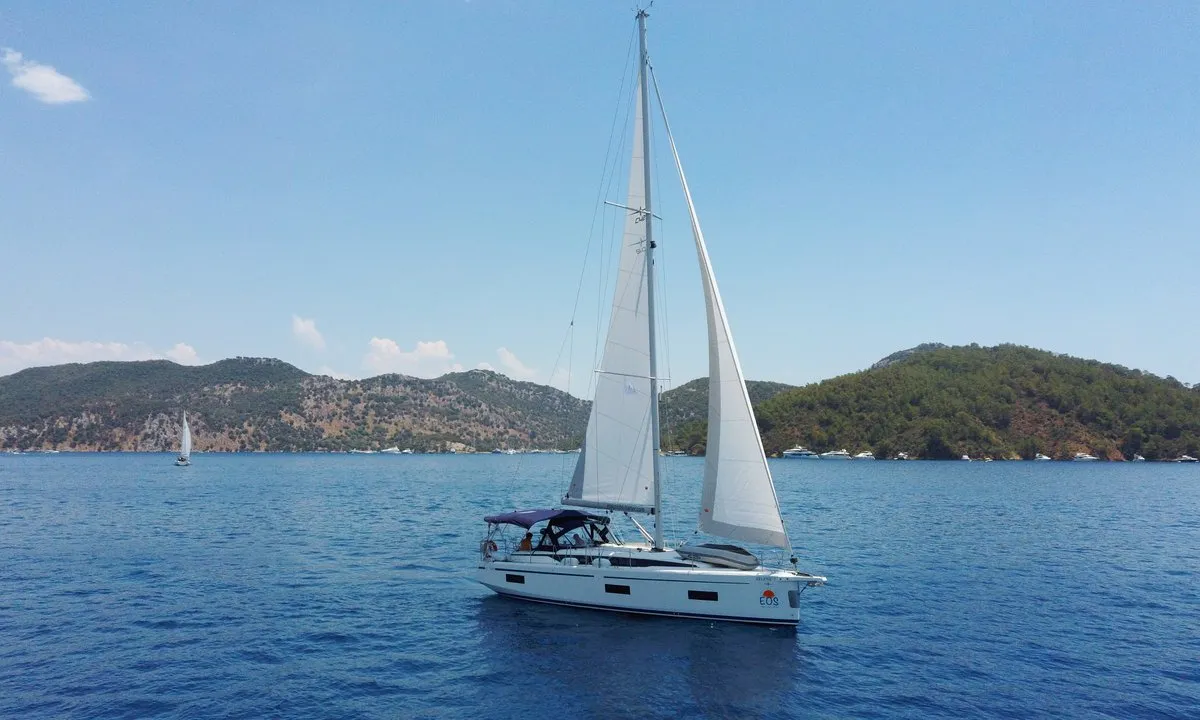 Exterior view of Selene, a Bavaria C42 sailboat at Fethiye, Turkey