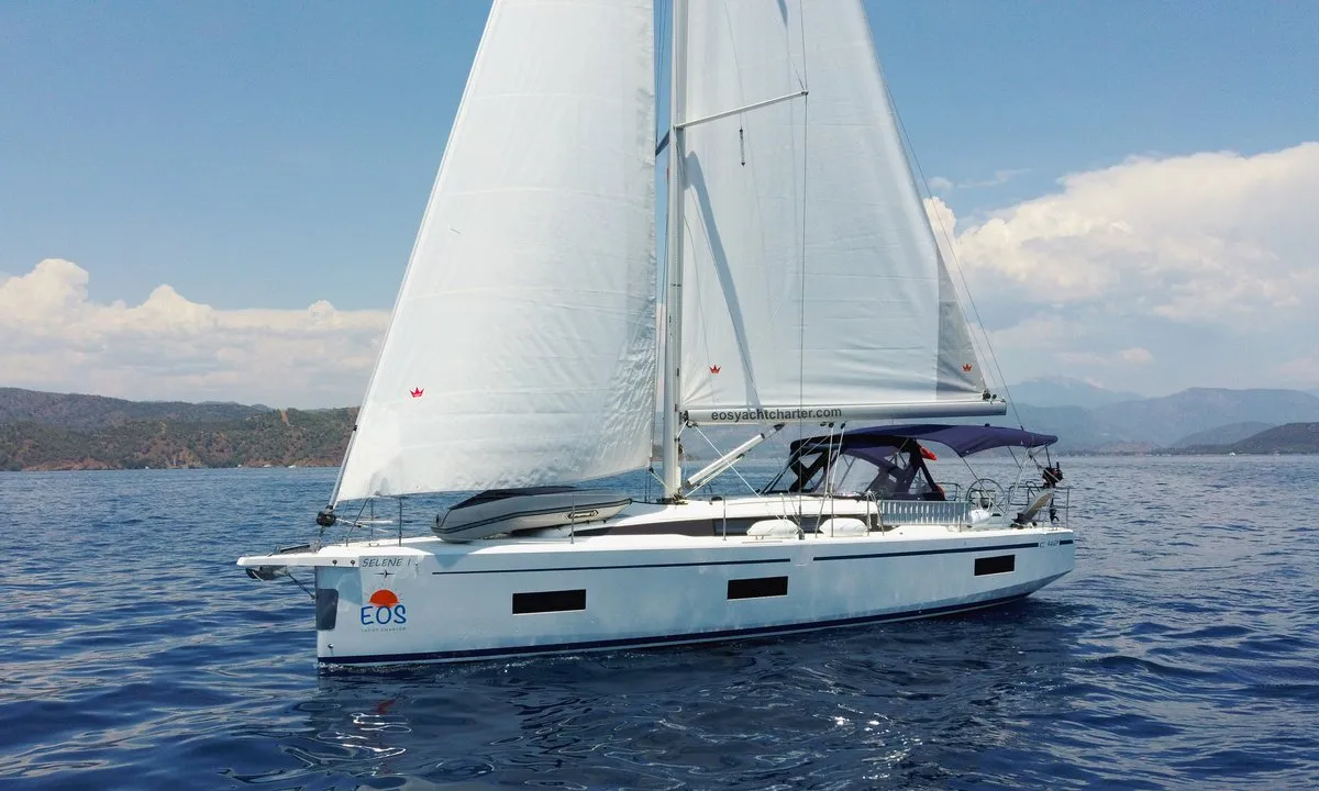 Exterior view of Selene, a Bavaria C42 sailboat at Fethiye, Turkey