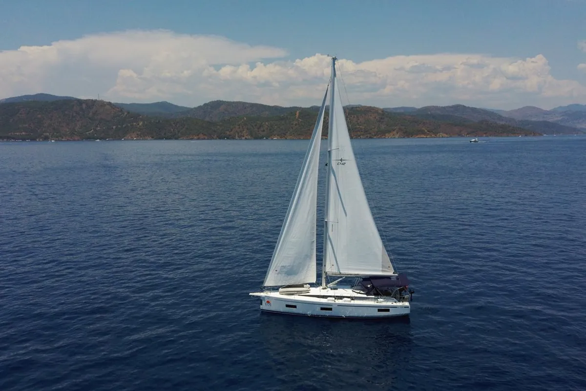 Exterior view of Selene, a Bavaria C42 sailboat at Fethiye, Turkey