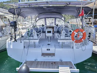 Cockpit of Selene, a Bavaria C42 sailboat at Fethiye, Turkey