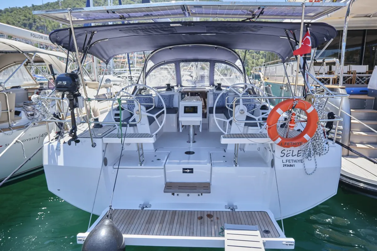 Cockpit of Selene, a Bavaria C42 sailboat at Fethiye, Turkey