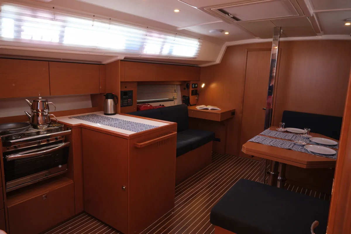 Salon of Selene, a Bavaria C42 sailboat at Fethiye, Turkey