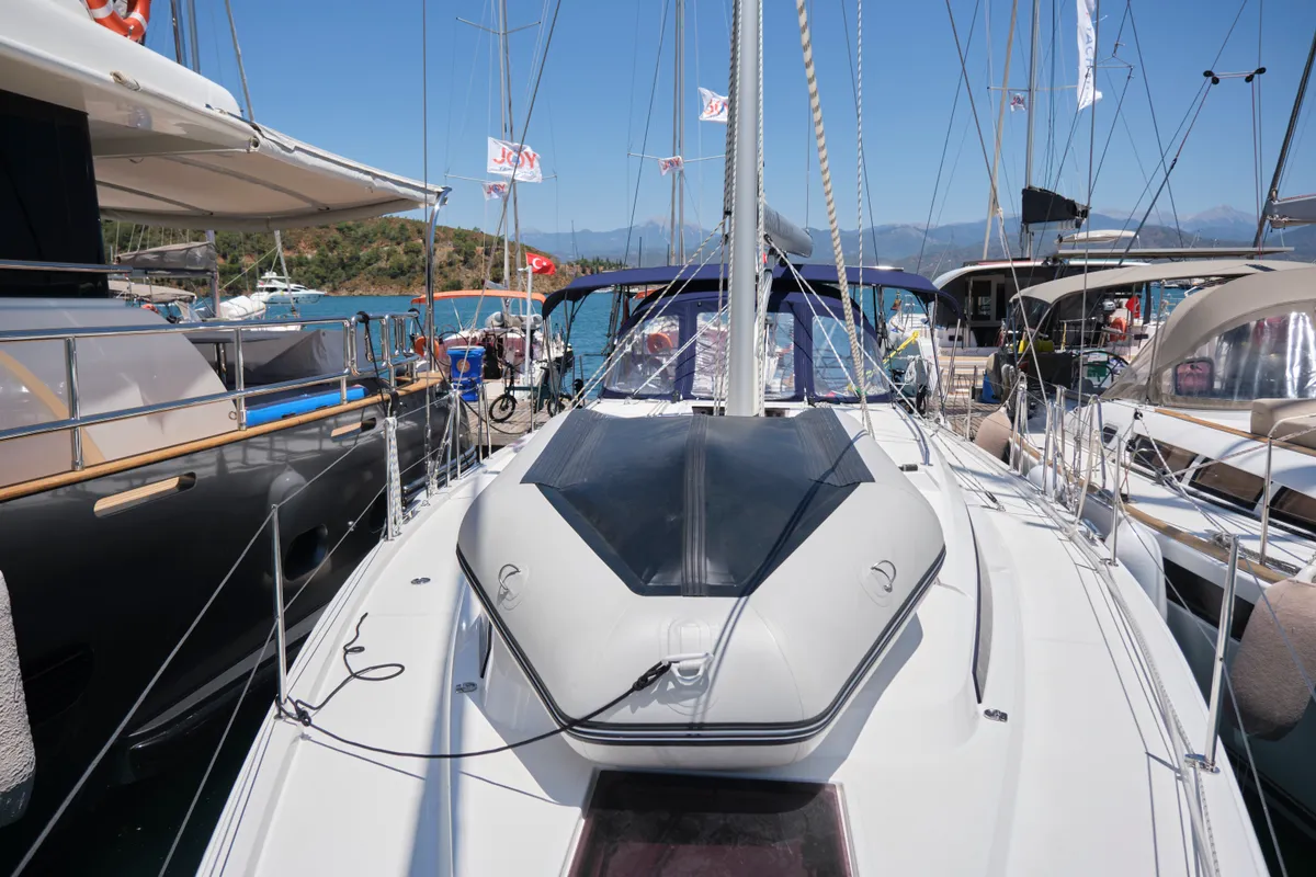 Deck of Selene, a Bavaria C42 sailboat at Fethiye, Turkey