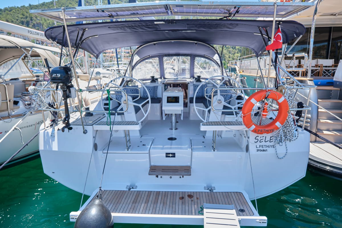 Exterior view of Selene, a Bavaria C42 sailboat at Fethiye, Turkey
