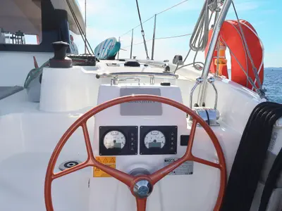 Cockpit of ADOC, a Excess 11 catamaran at Ajaccio, France