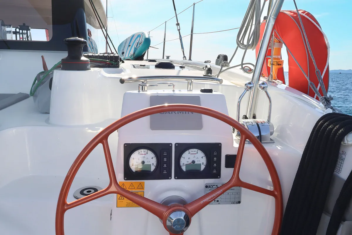 Cockpit of ADOC, a Excess 11 catamaran at Ajaccio, France