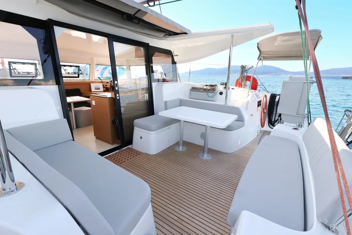 Deck of ADOC, a Excess 11 catamaran at Ajaccio, France