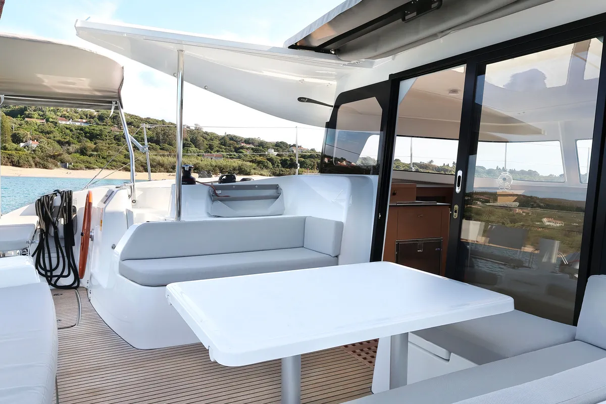 Deck of ADOC, a Excess 11 catamaran at Ajaccio, France