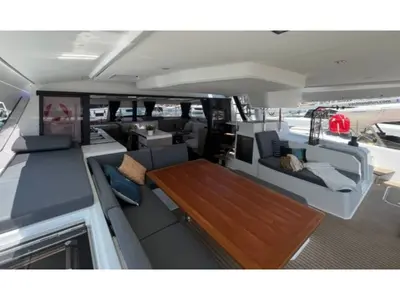 Deck of All Blue IV, a Fountaine Pajot Aura 51 catamaran at Athens, Greece