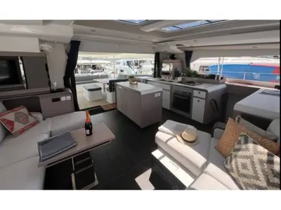Salon of All Blue IV, a Fountaine Pajot Aura 51 catamaran at Athens, Greece
