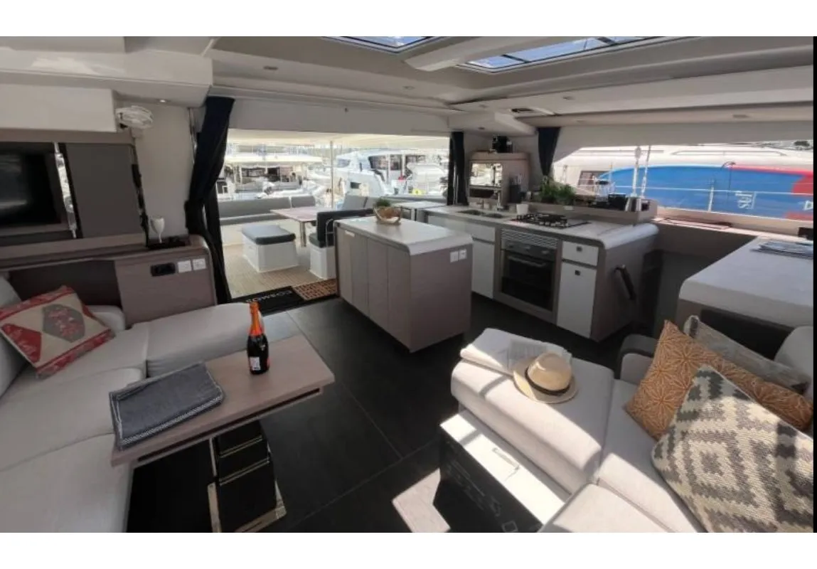 Salon of All Blue IV, a Fountaine Pajot Aura 51 catamaran at Athens, Greece