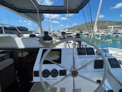 Cockpit of All Blue IV, a Fountaine Pajot Aura 51 catamaran at Athens, Greece