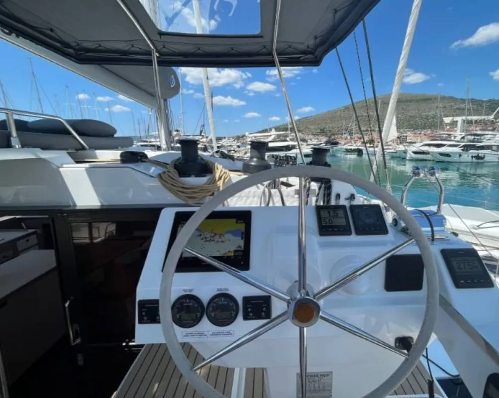 Cockpit of All Blue IV, a Fountaine Pajot Aura 51 catamaran at Athens, Greece