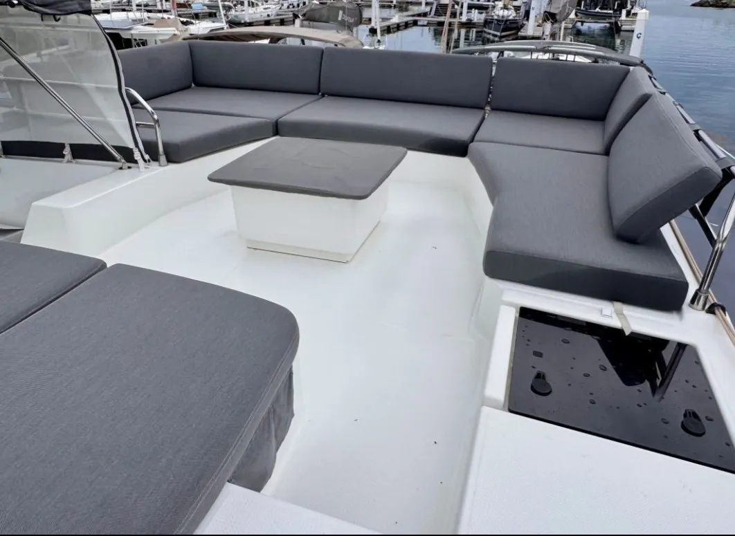 Deck of All Blue IV, a Fountaine Pajot Aura 51 catamaran at Athens, Greece