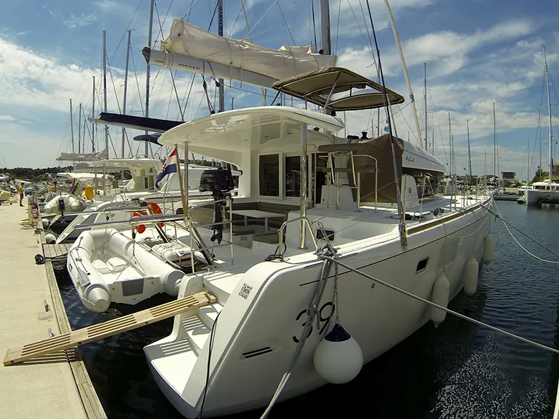 Exterior view of Bob Cat, a Lagoon 39 catamaran at Grad Šibenik, Croatia