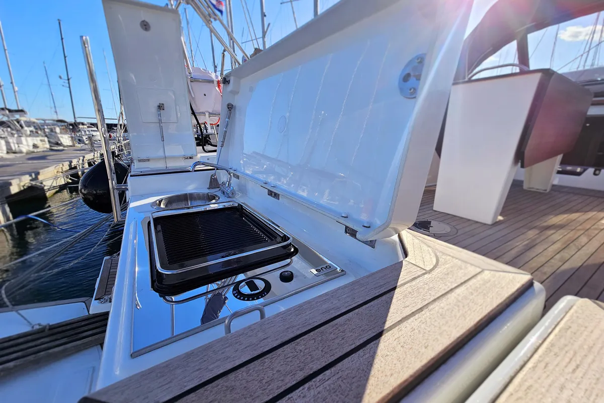Deck of Furioso, a Dufour 44 sailboat at Kaštela, Croatia