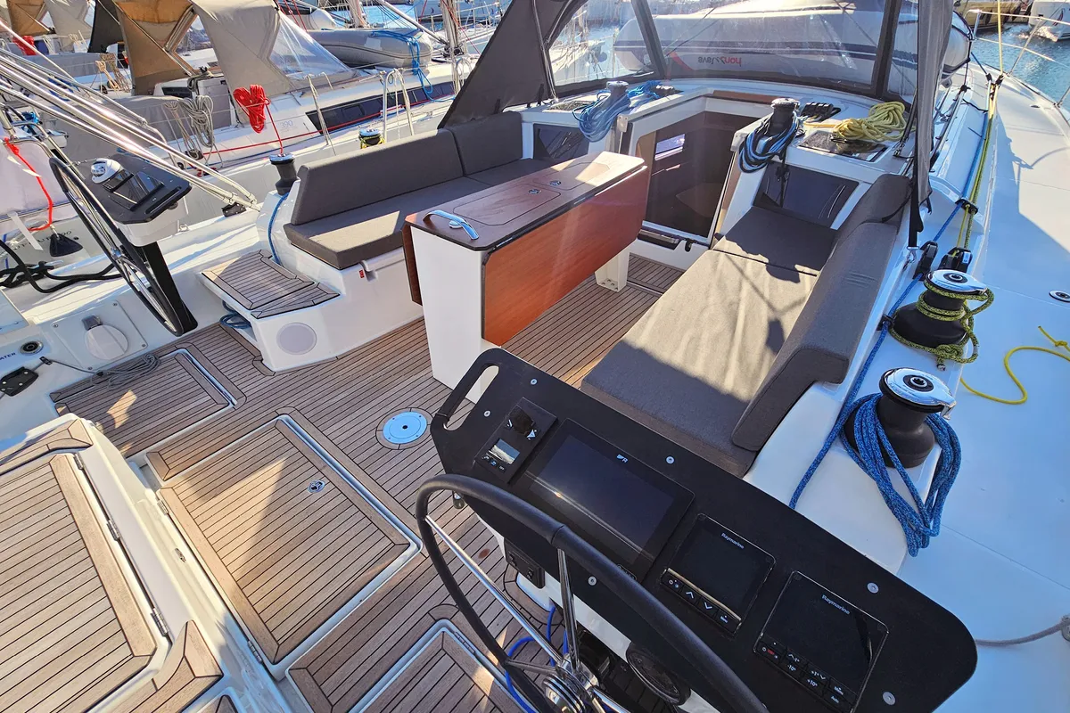 Deck of Furioso, a Dufour 44 sailboat at Kaštela, Croatia