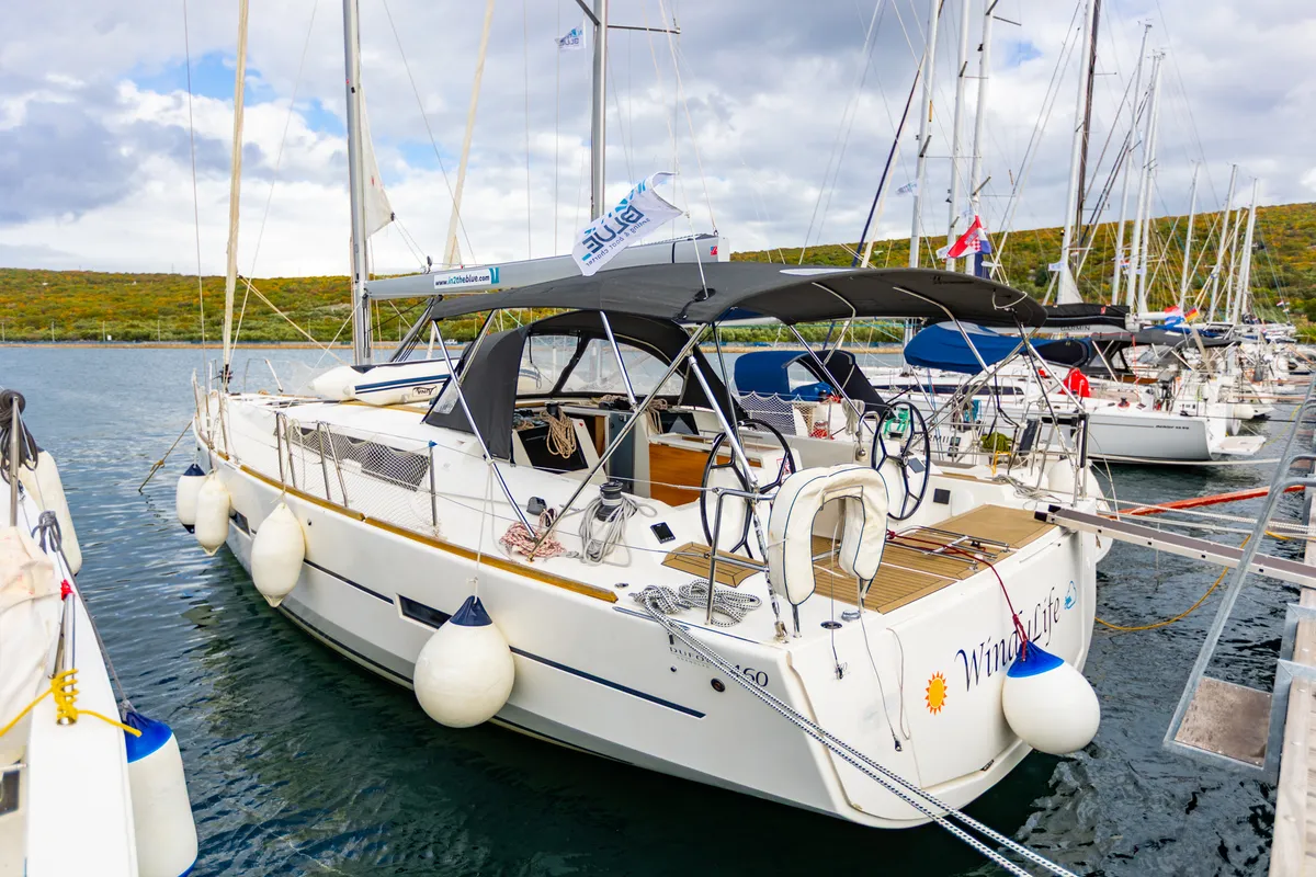 Exterior view of WindyLife, a Dufour 460 GL sailboat at Punat, Croatia