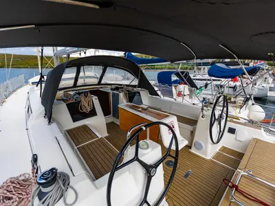 Cockpit of WindyLife, a Dufour 460 GL sailboat at Punat, Croatia