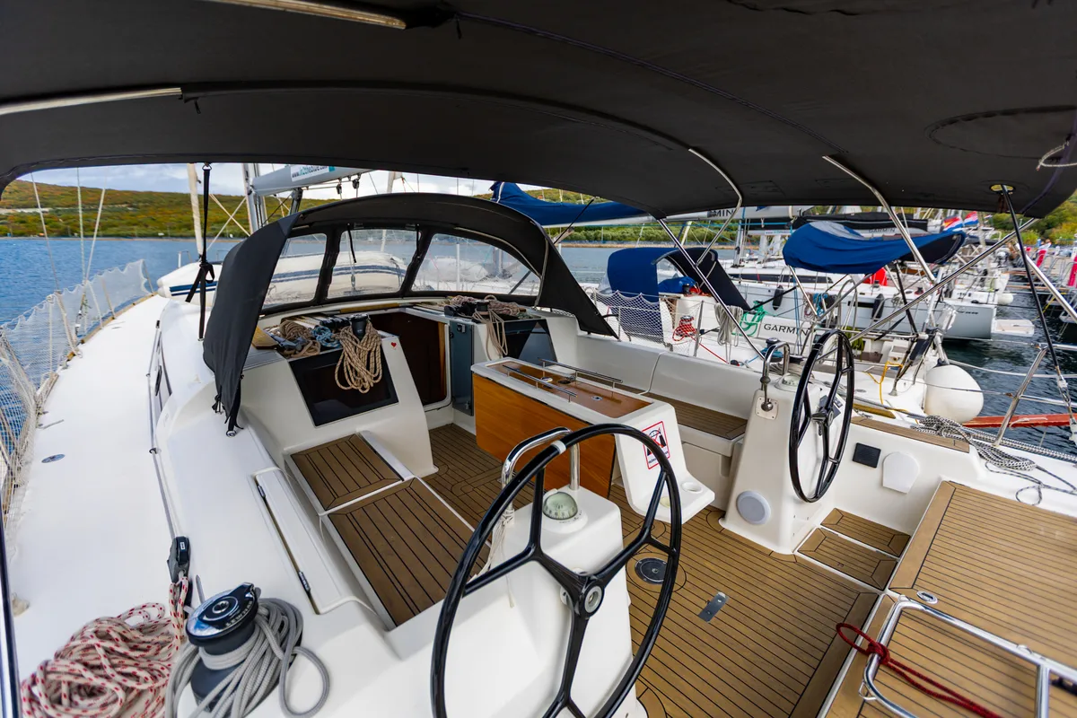 Cockpit of WindyLife, a Dufour 460 GL sailboat at Punat, Croatia