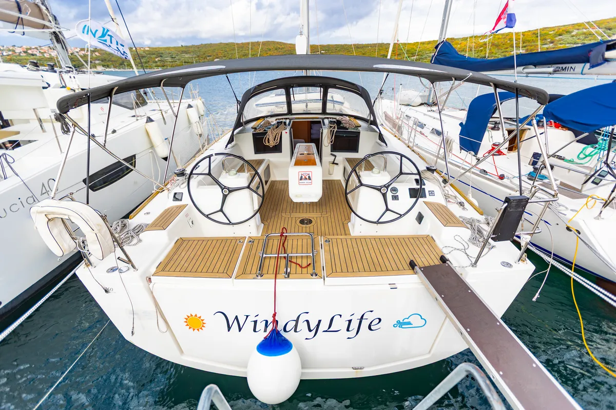 Exterior view of WindyLife, a Dufour 460 GL sailboat at Punat, Croatia
