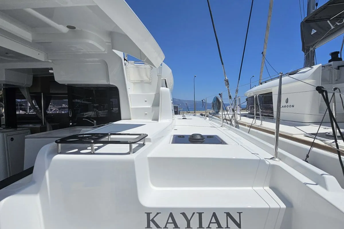 Exterior view of Kayian, a Lagoon 46 catamaran at Ellomenos, Greece