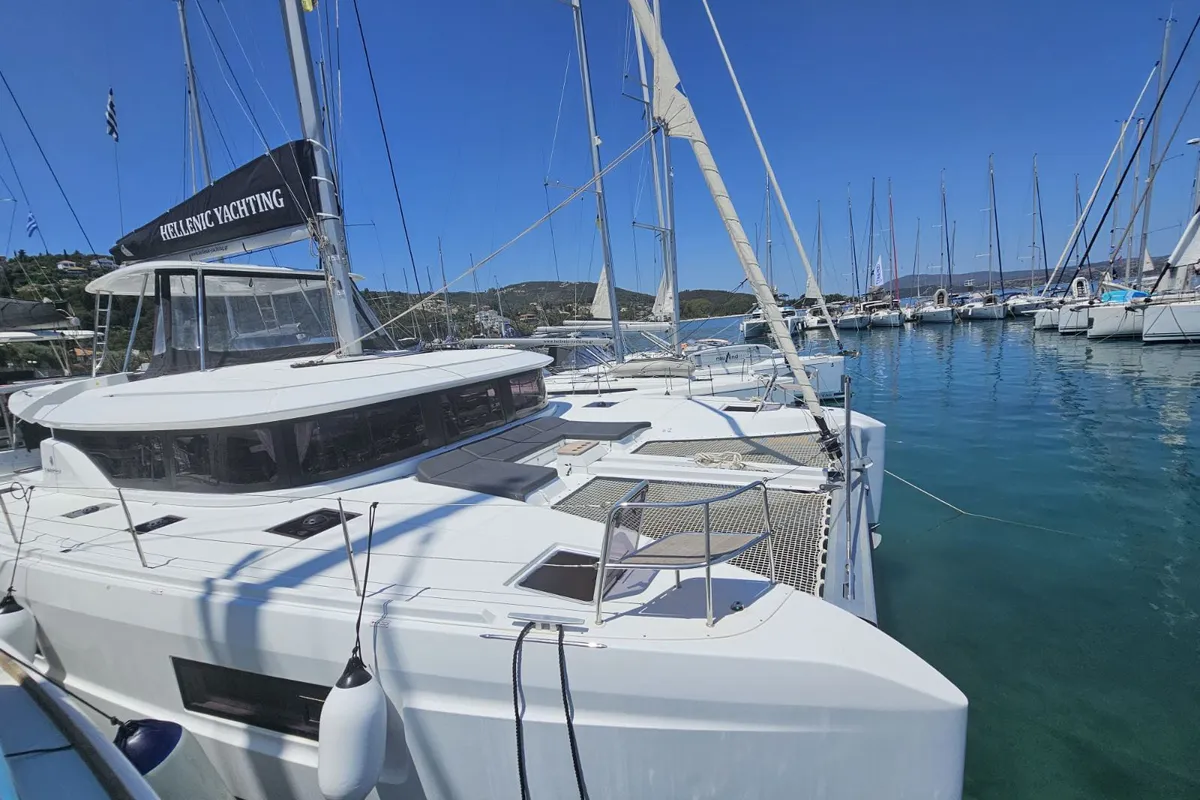Exterior view of Kayian, a Lagoon 46 catamaran at Ellomenos, Greece