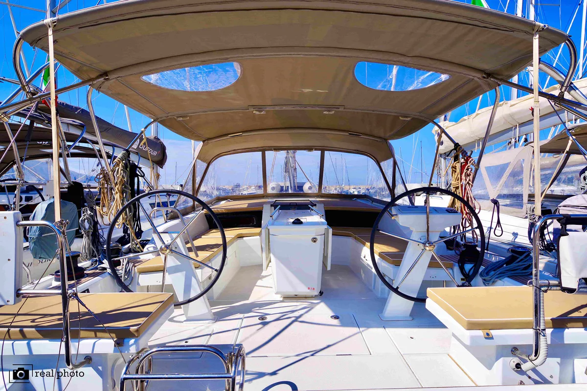 Cockpit of Nora, a Beneteau Oceanis 46.1 sailboat at Castellammare di Stabia, Italy