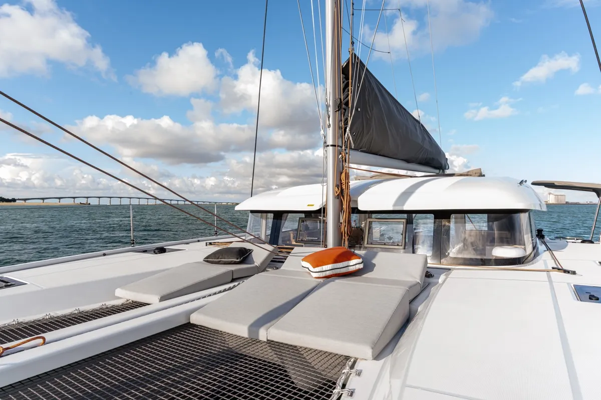 Deck of Elyvian Spirit, a Excess 11 catamaran at Brindisi, Italy