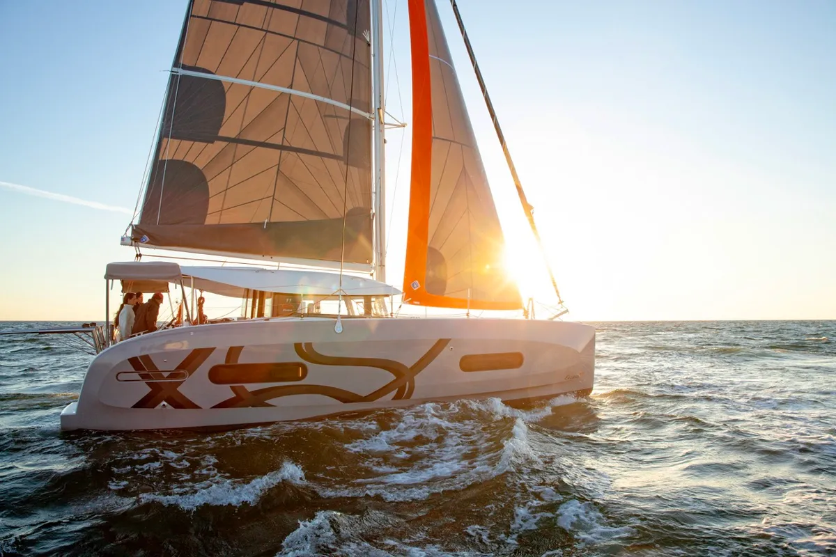 Exterior view of Elyvian Spirit, a Excess 11 catamaran at Brindisi, Italy