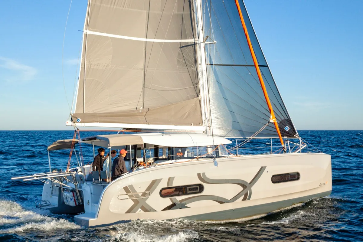 Exterior view of Elyvian Spirit, a Excess 11 catamaran at Brindisi, Italy