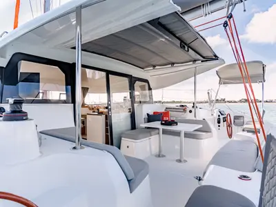 Deck of Elyvian Spirit, a Excess 11 catamaran at Brindisi, Italy
