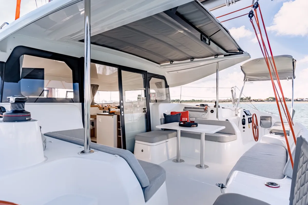 Deck of Elyvian Spirit, a Excess 11 catamaran at Brindisi, Italy