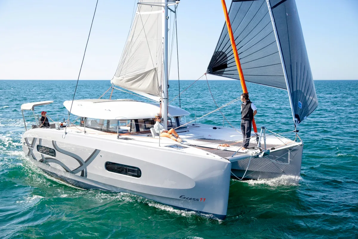 Exterior view of Elyvian Spirit, a Excess 11 catamaran at Brindisi, Italy